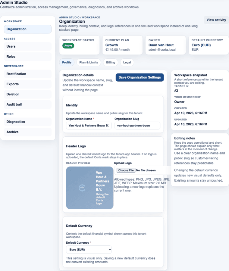 Corta Admin Studio with organization settings, plan information, and governance navigation.