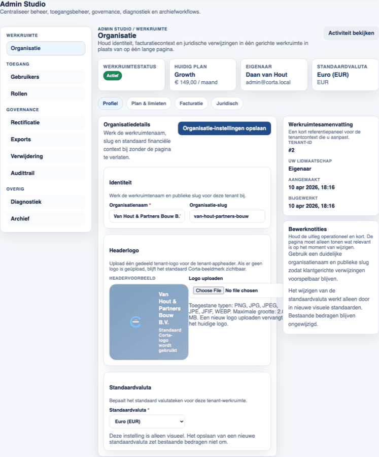 Corta Admin Studio met organisatie-instellingen, planinformatie en beheernavigatie.