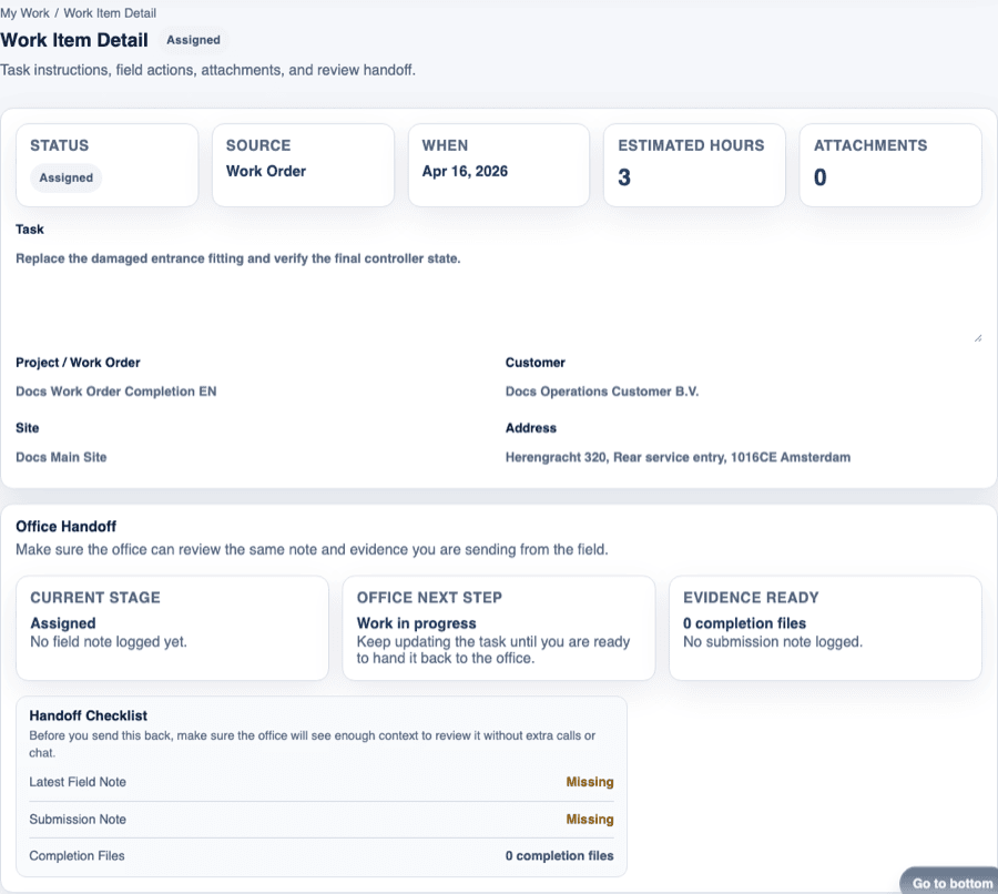 Corta Field Workspace showing task details and office handoff context.